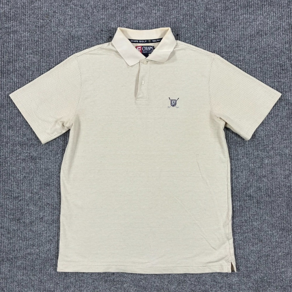 Chaps Ralph Lauren Mens Polo Shirt Size Medium Beige Check Short Sleeve
